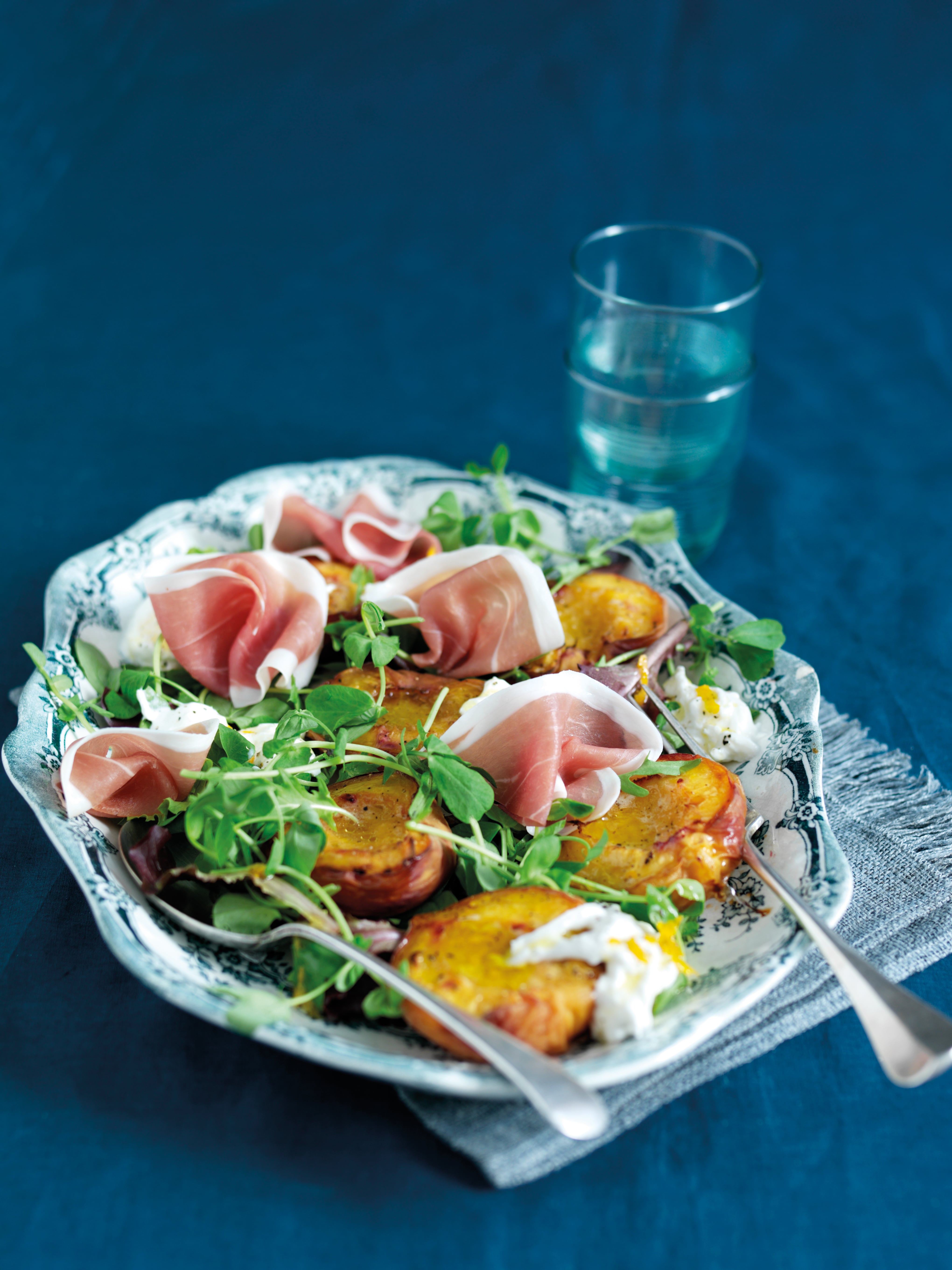Parma Ham and Burrata Salad with Roasted Peaches and Pea Shoots