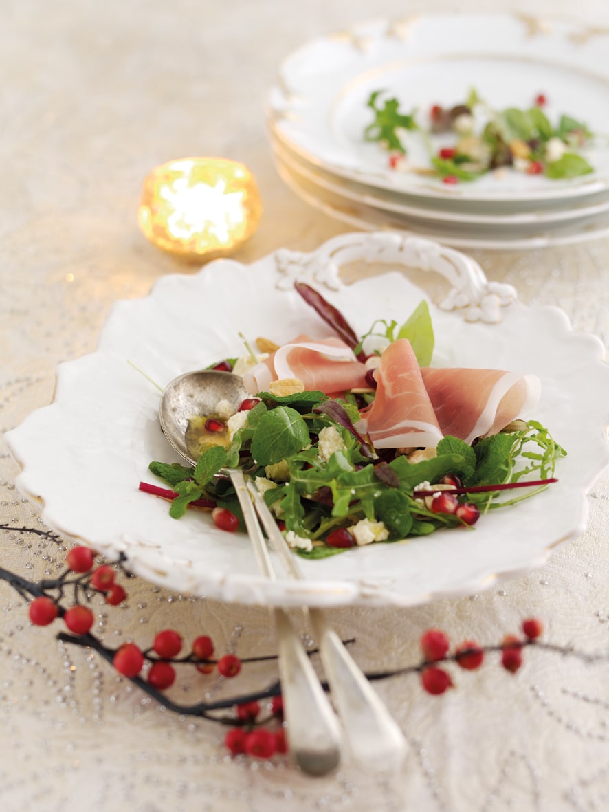 Parma Ham Salad with Pomegranate, Mint, almonds and White Stilton