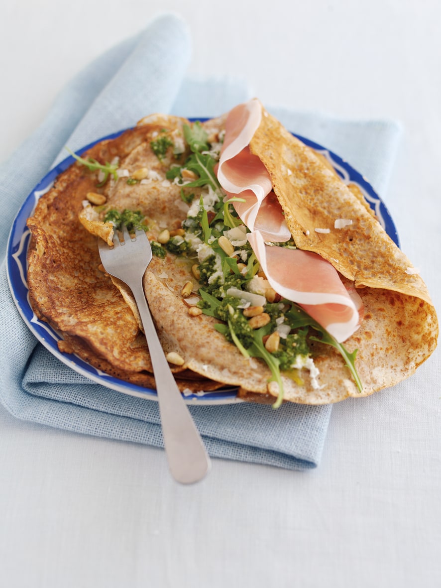 Wholemeal Pancakes Filled with Parma Ham, Ricotta, Rocket and Pesto