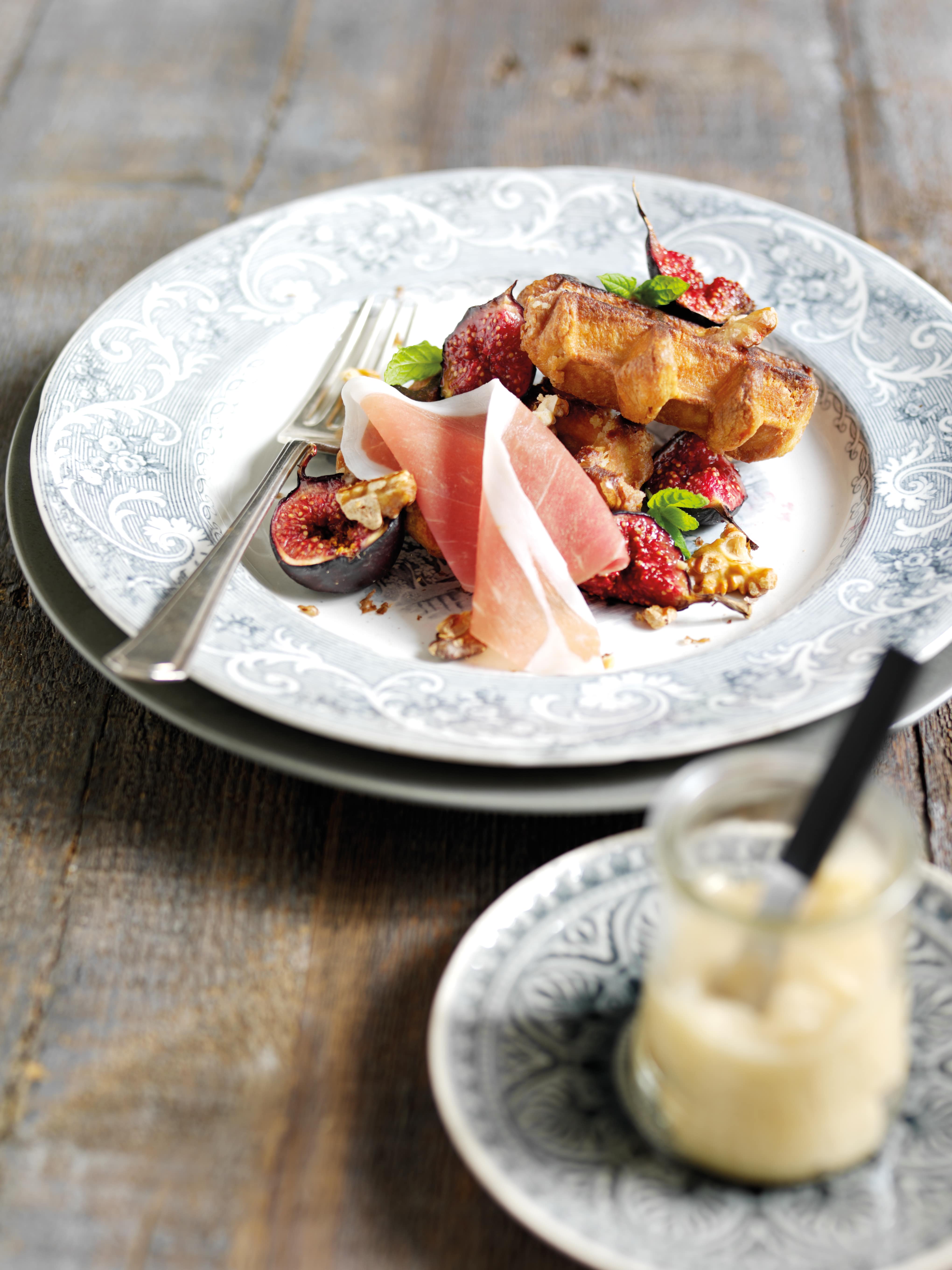 Parma Ham Waffles with Honey, mint and Roasted Figs